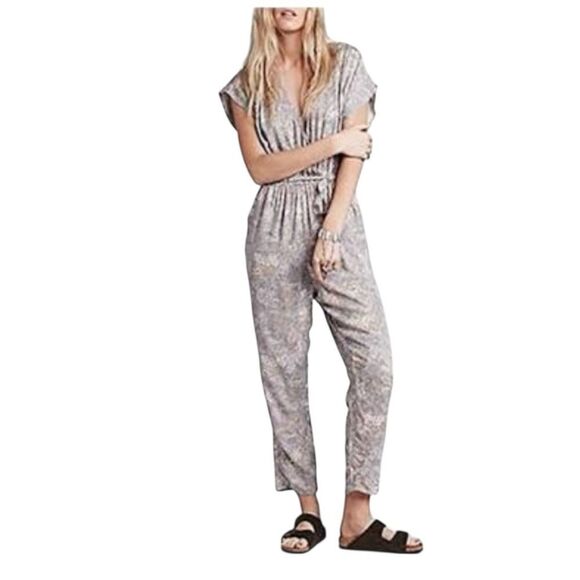 Free People Universal Surplice Jumpsuit Taupe Combo Size small Gray Orange Print - Picture 1 of 9